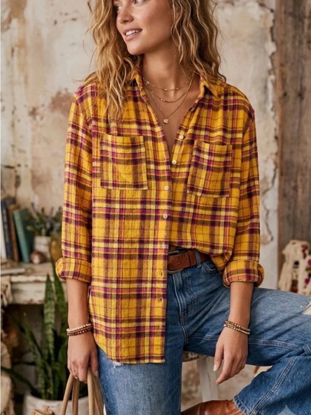Pilcro Anthro Yellow PUrple Oversized Button Down Flannel Shirt Fall Women's XS
